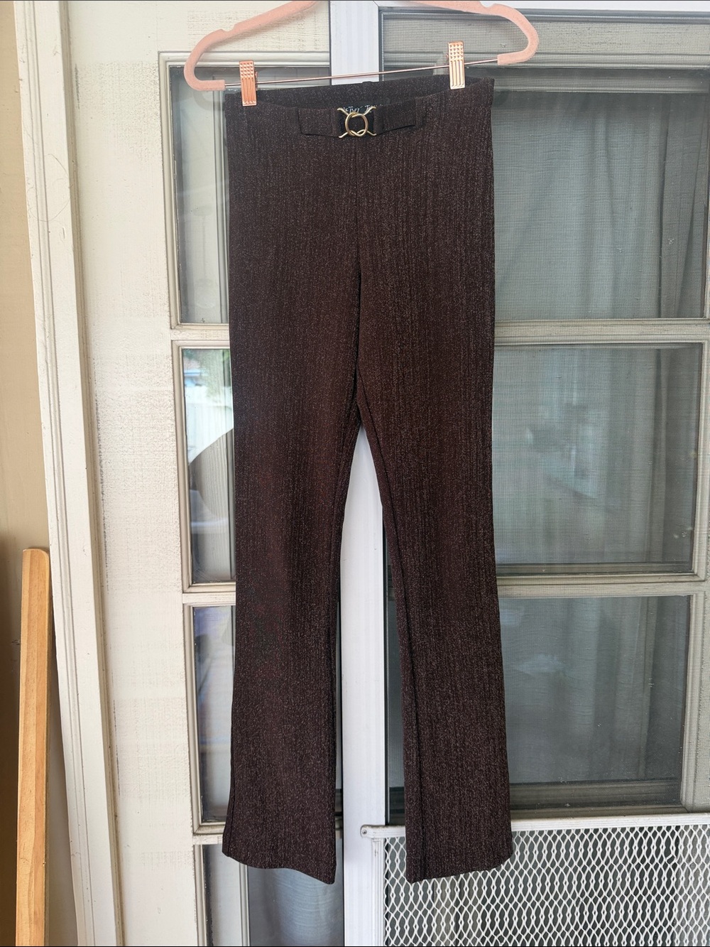 Betsey Johnson 1990’s Metallic fitted stretch Flare Pants in Dark Brown gold y2k